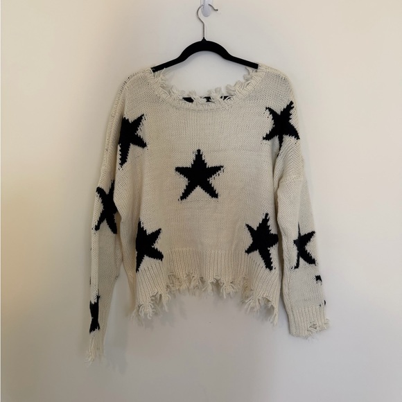 Storia Sweaters - Distressed Cream and Black Star Sweater Size Small Storia